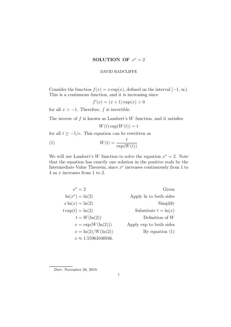 Solution of x^x = 2