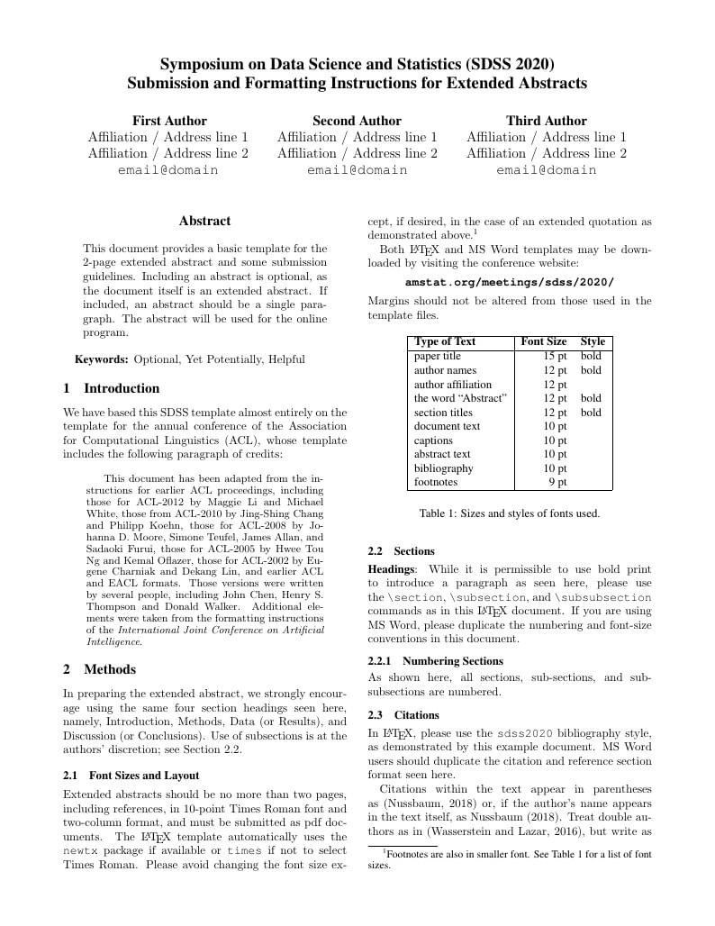 Symposium on Data Science and Statistics (SDSS) 2020 template for contributed papers