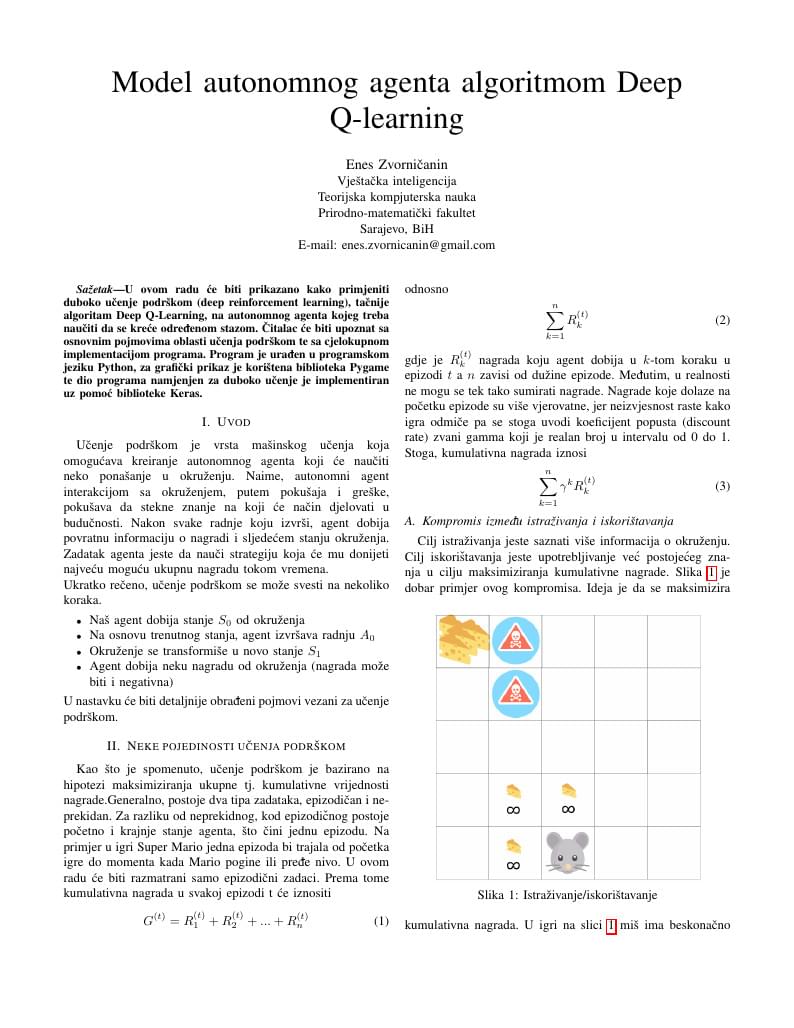 Model autonomnog agenta algoritmom Deep Q-learning