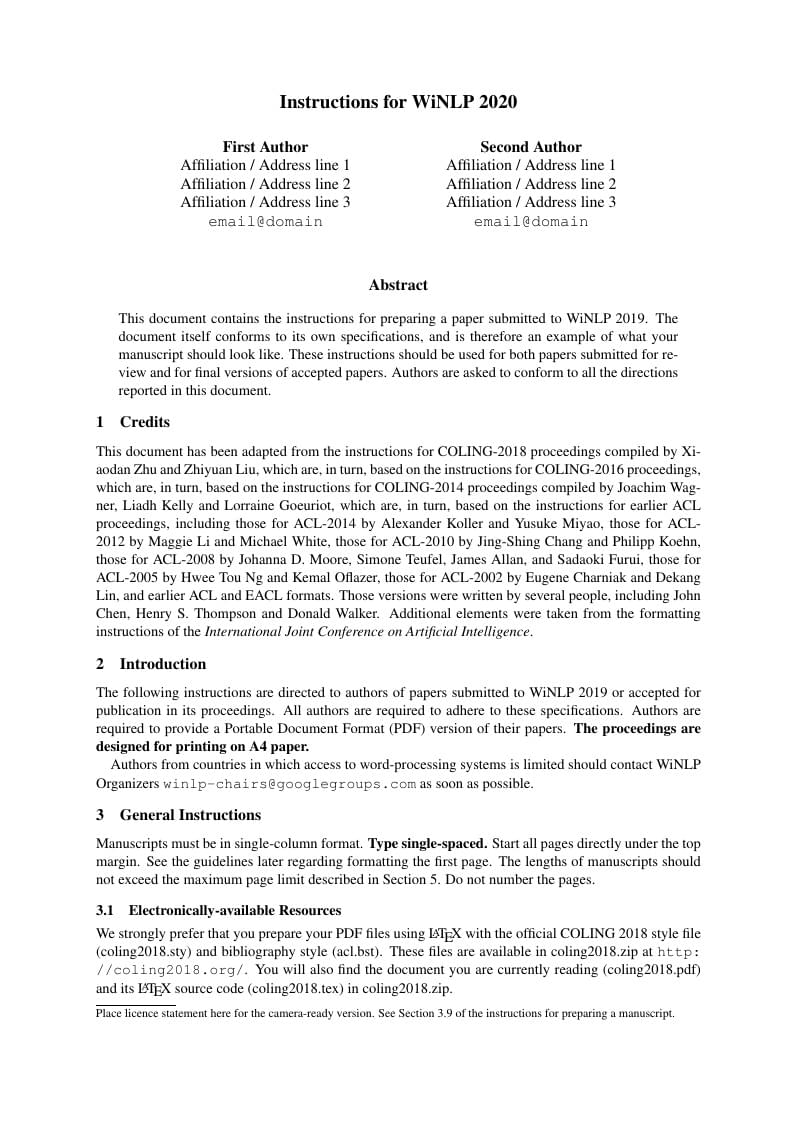 Template and Instructions for WiNLP 2020