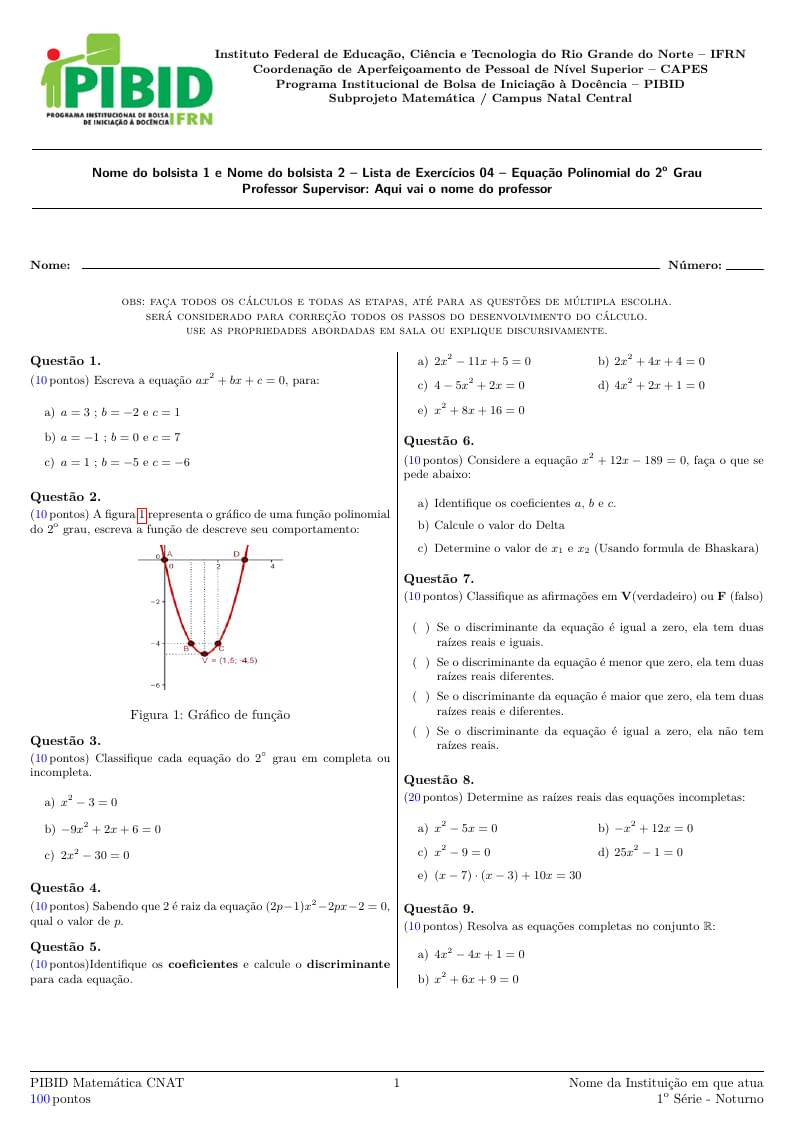 PIBID – Modelo lista de exercicíos