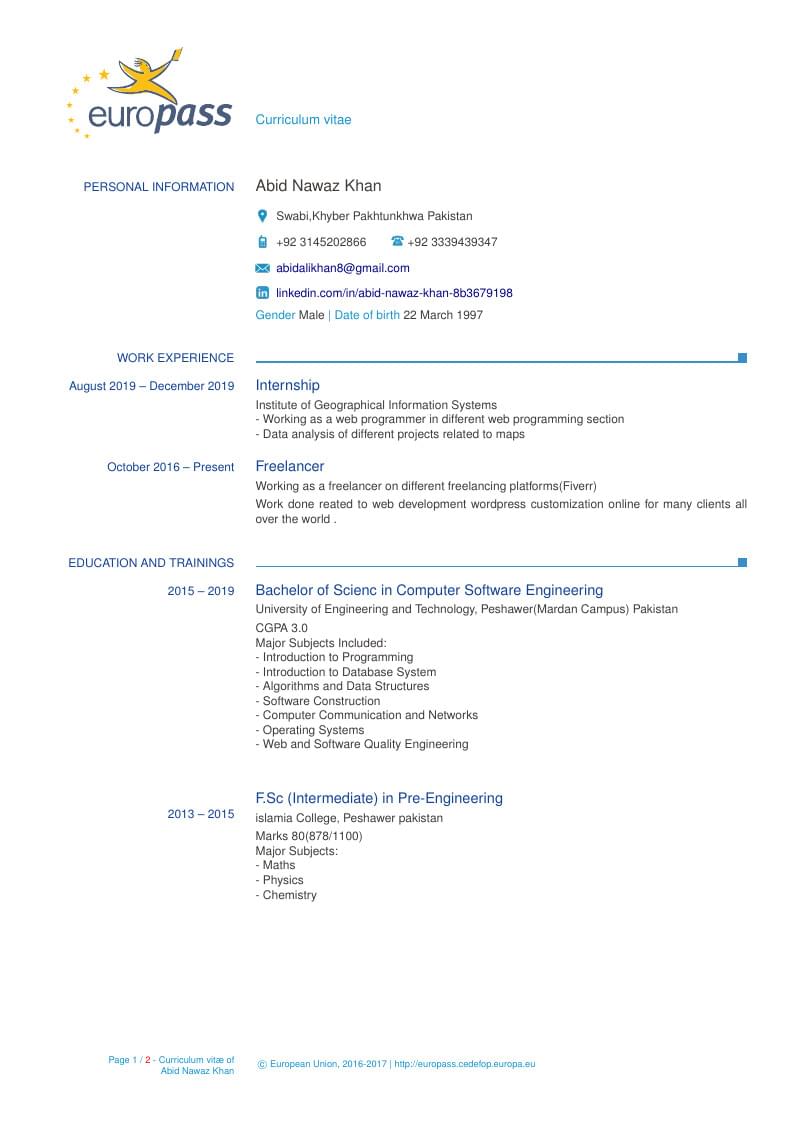 Abid Nawaz Khan's Europass CV