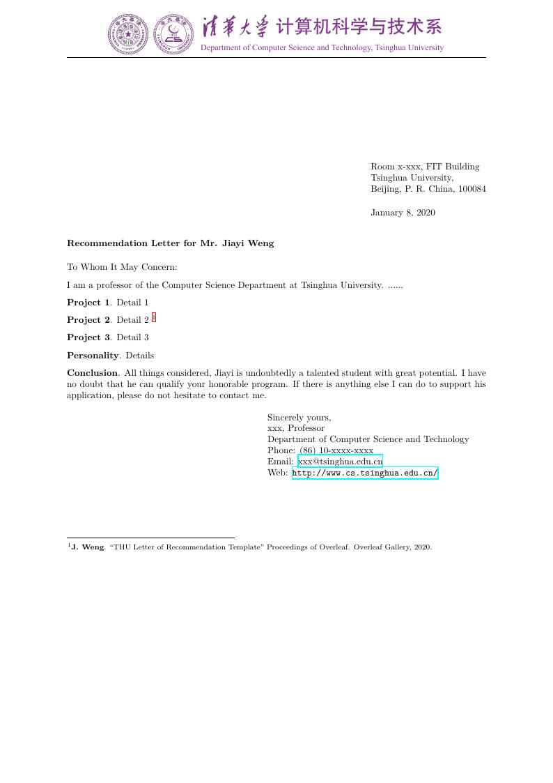 THU Letter of Recommendation Template