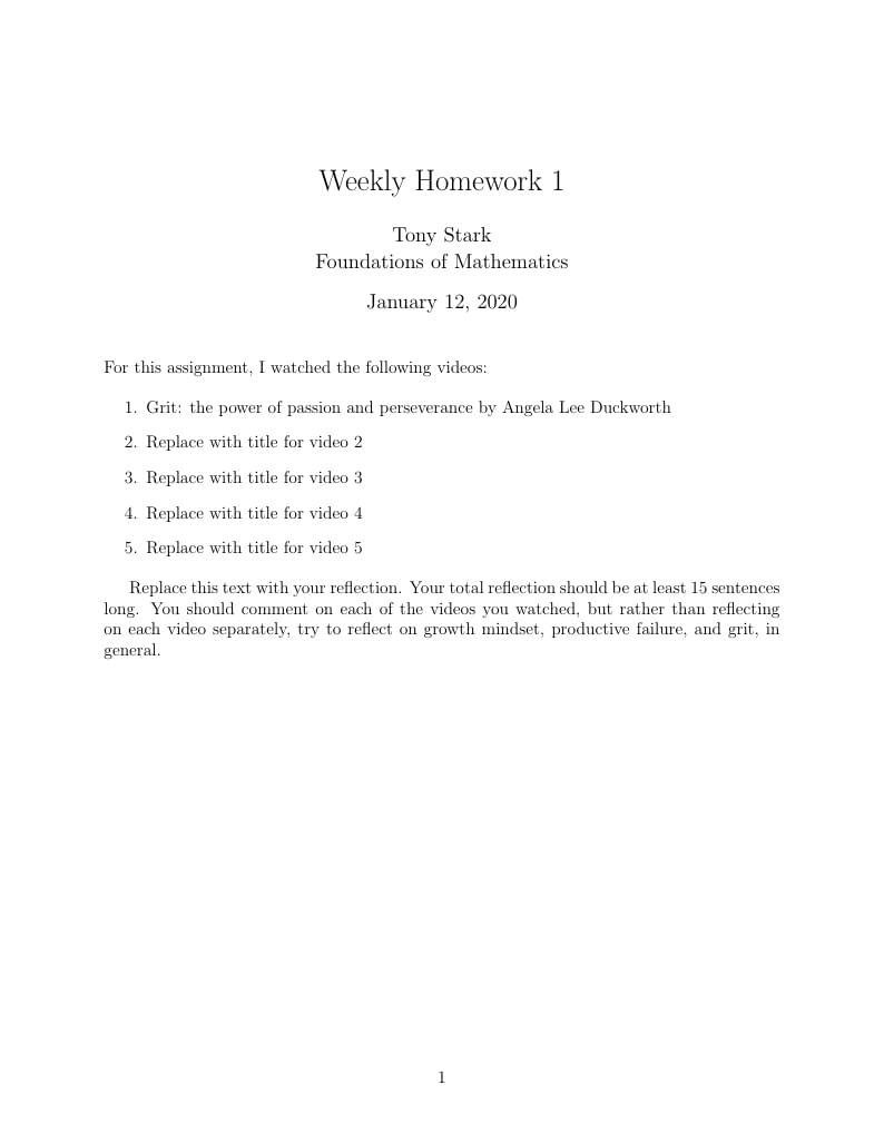 Weekly Homework 1 for Reflection on Growth Mindset and Productive Failure (Foundations of Mathematics)