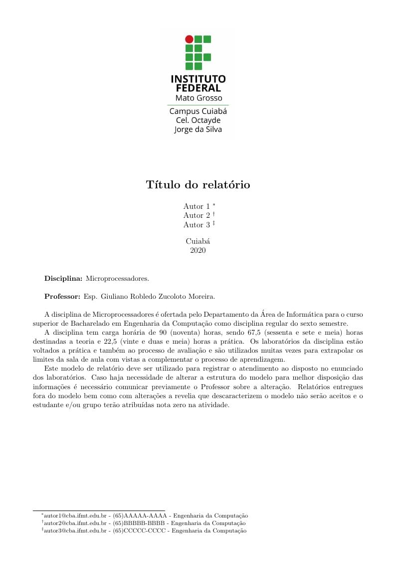 Modelo de relatório de da disciplina de Microprocessadores - Prof. Giuliano Robledo Zucoloto Moreira - IFMT - CBA-OJS