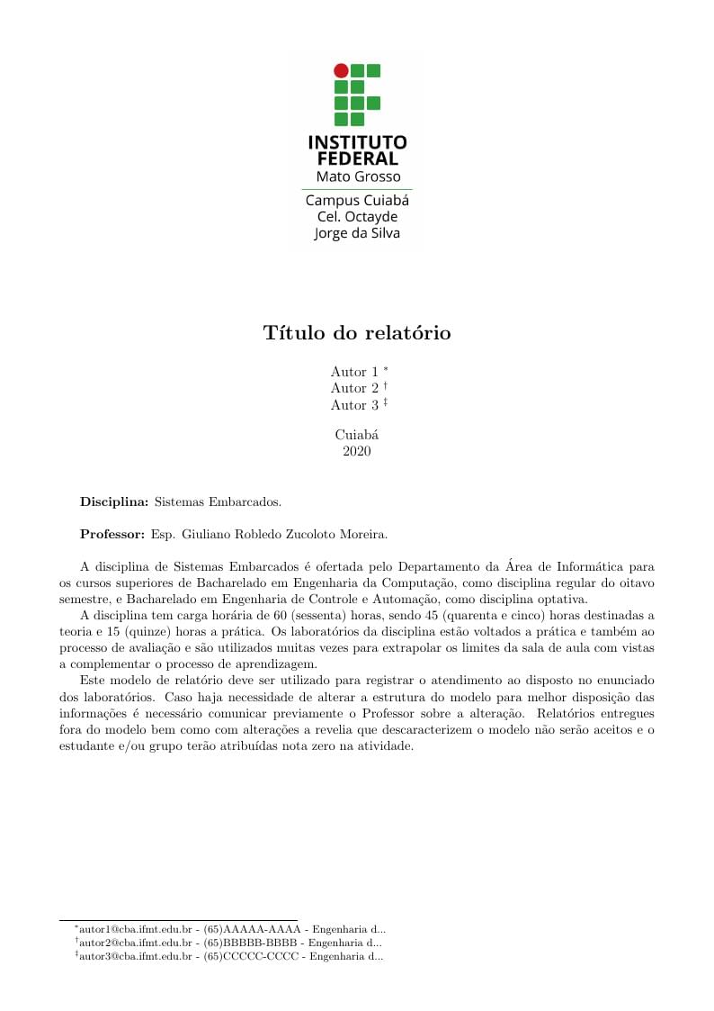 Modelo de relatório de Sistemas Embarcados - Prof. Giuliano Robledo Zucoloto Moreira - IFMT - CBA-OJS