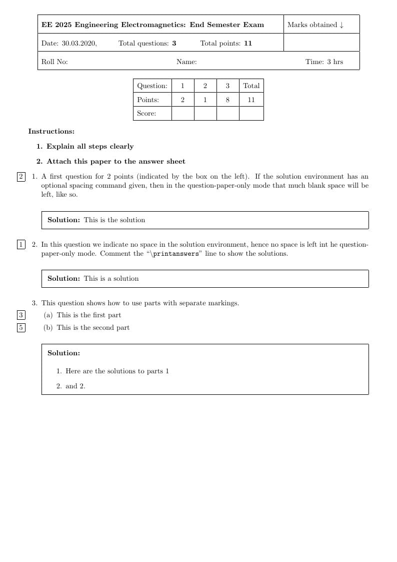 Exam template with grading table and optional solution key