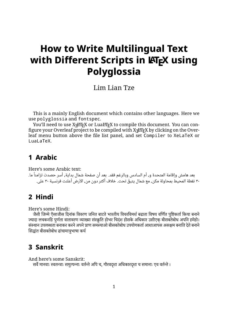 How to Write Multilingual Text with Different Scripts in LaTeX on Overleaf using Polyglossia