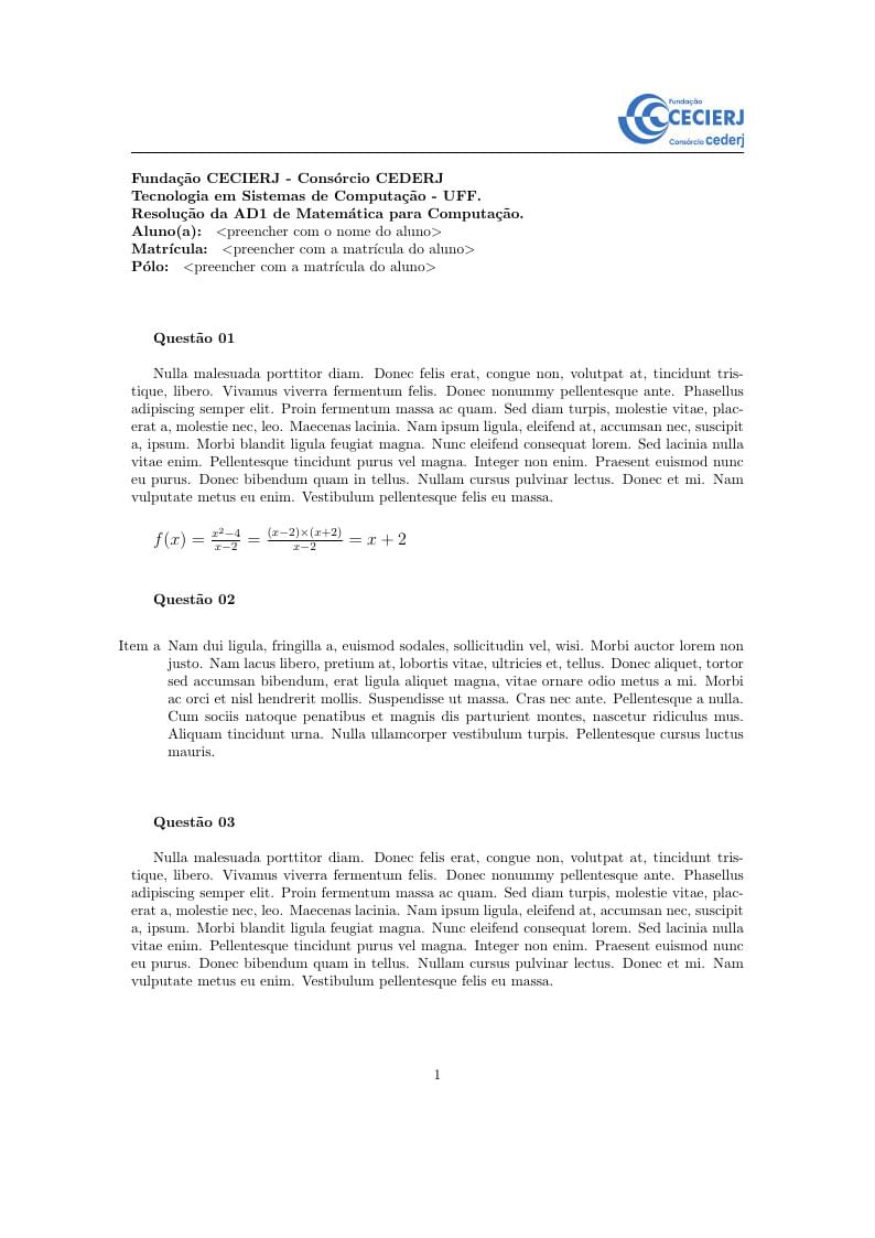 Modelo de folha de respostas - Matemática para Computação