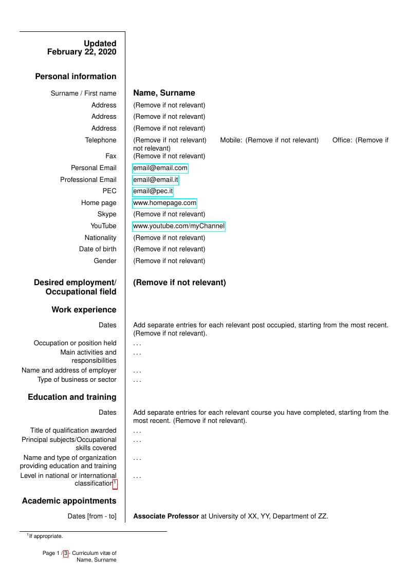 Academic CV Template with EuropeCV