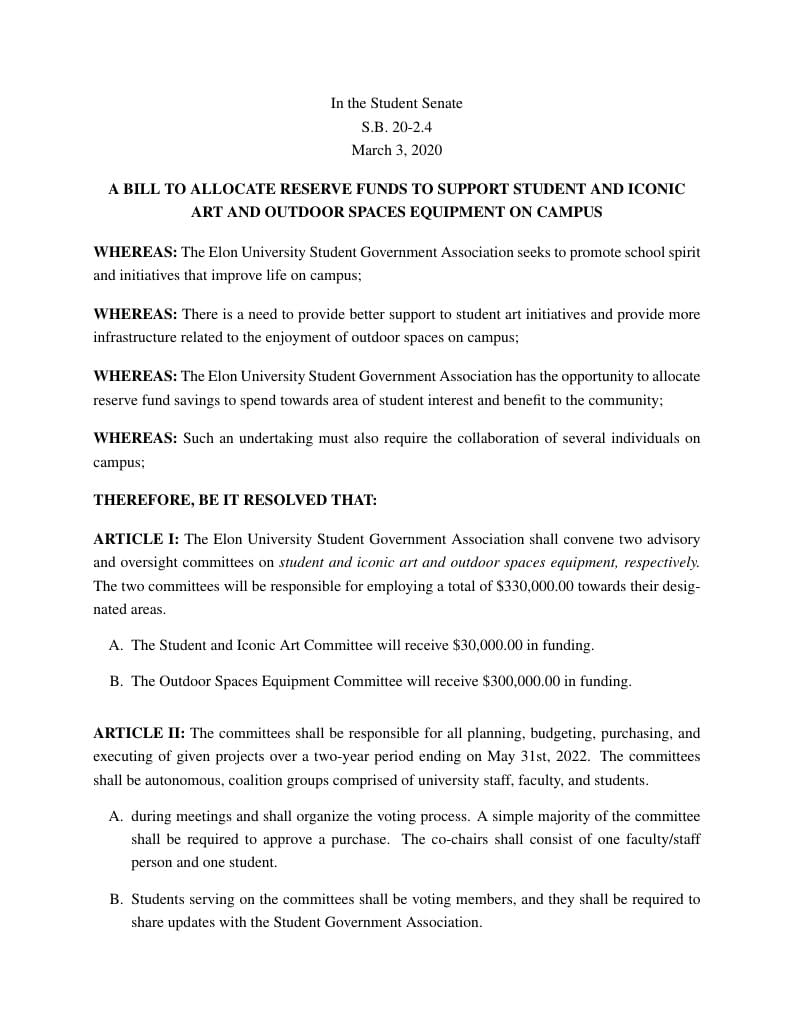 Elon University Student Government Bill Template