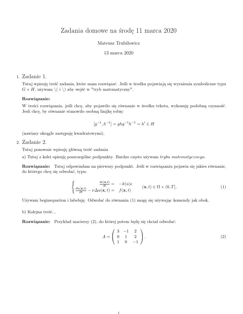 Zadania domowe wzór