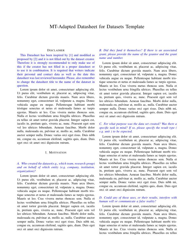 MT-Adapted Datasheet for Datasets Template