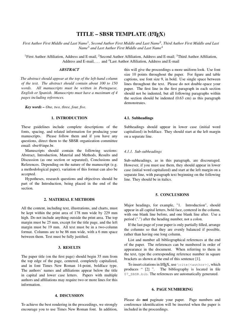 Template for SBSR (Brazilian Symposium on Remote Sensing)