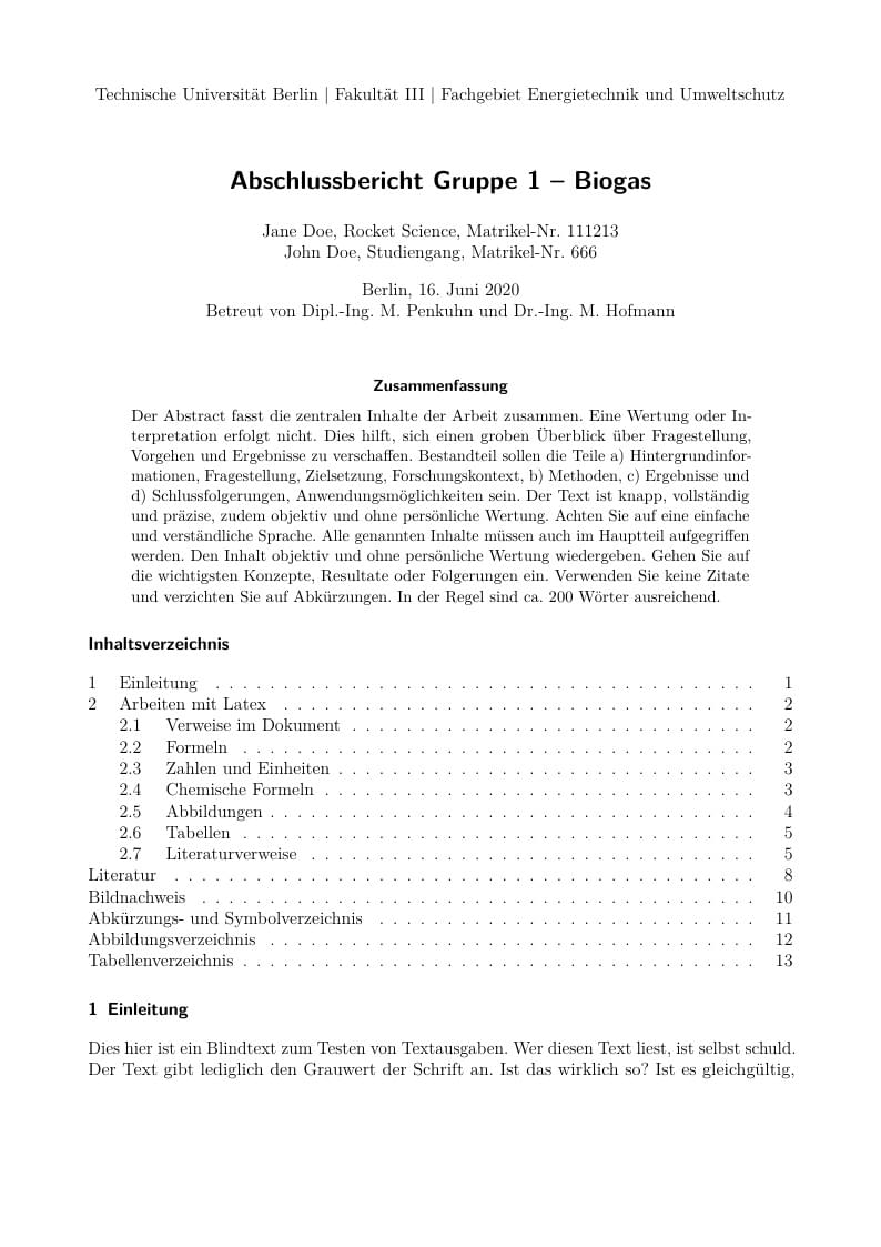 TU Berlin Fachgebiet Energietechnik und Umweltschutz Vorlage Rechnerpraktikum Bericht