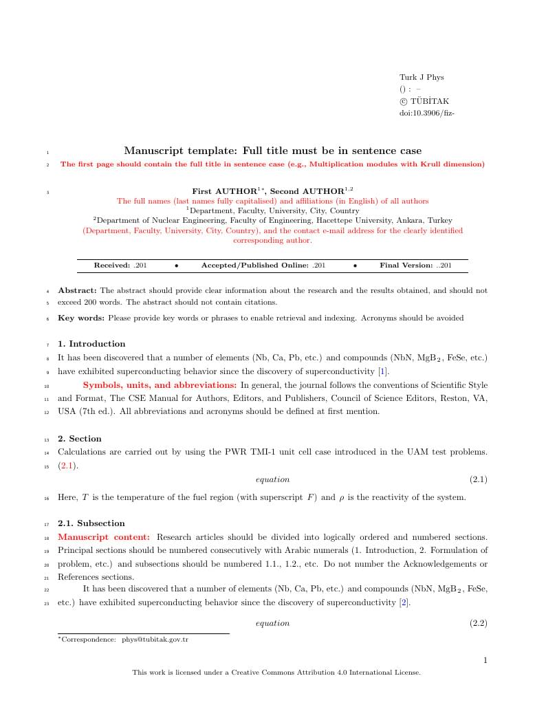 Turkish Journal of Physics Manuscript LaTeX Template (Türk Fizik Dergisi)