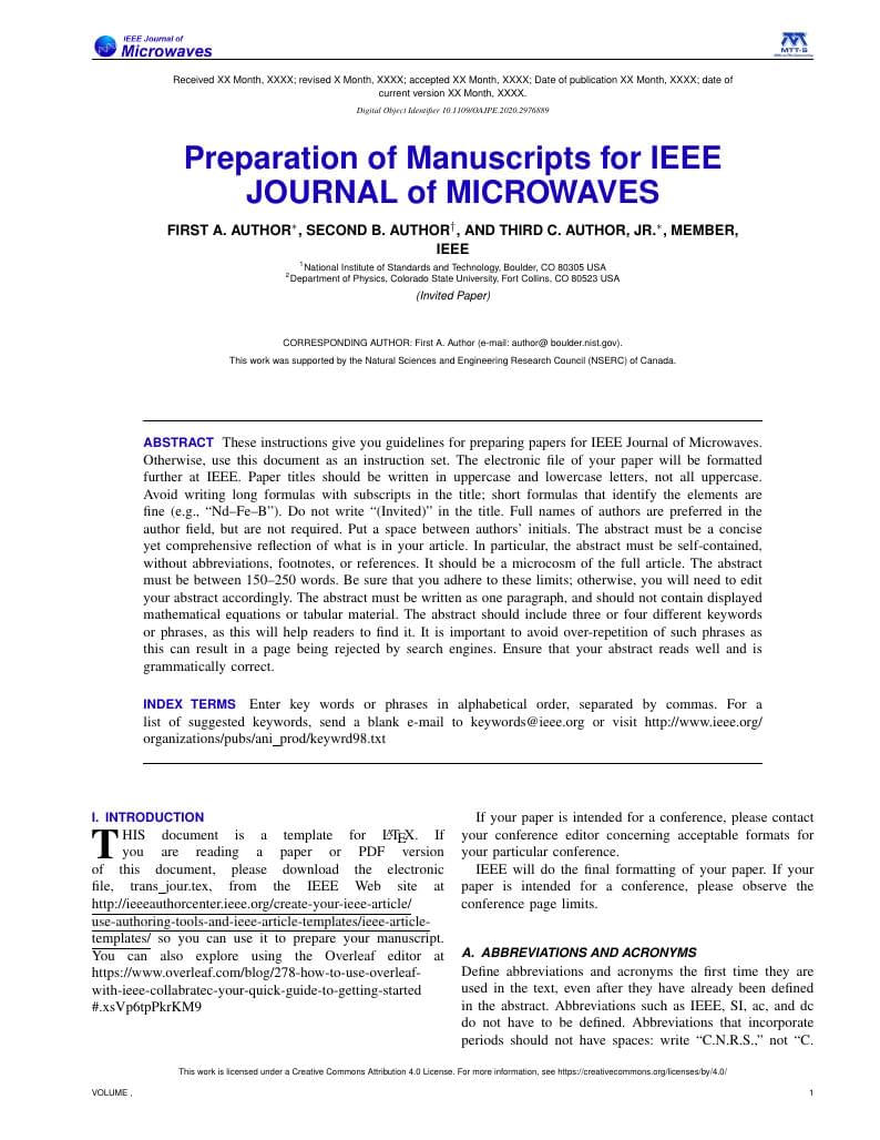 Preparation of Manuscripts for IEEE JOURNAL of MICROWAVES_INVITED_PAPERS