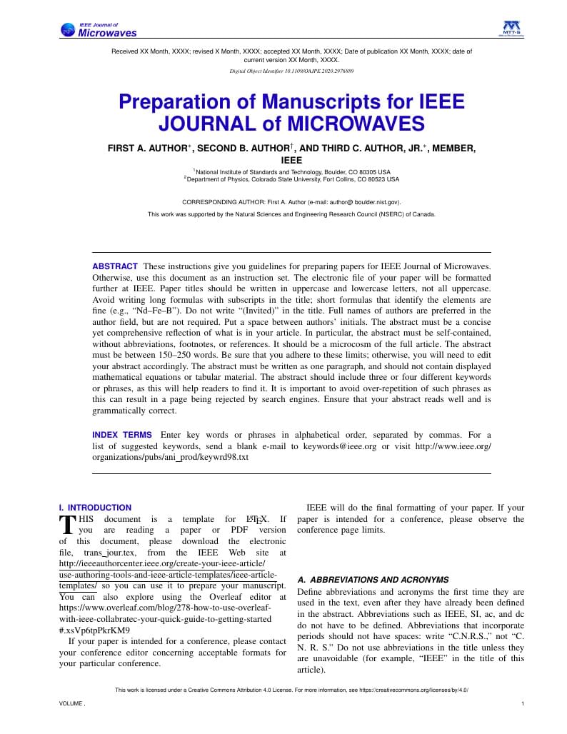 Preparation of Manuscripts for IEEE JOURNAL of MICROWAVES Regular Papers