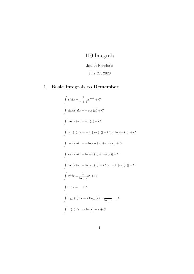 100 Integrals - Rewritten