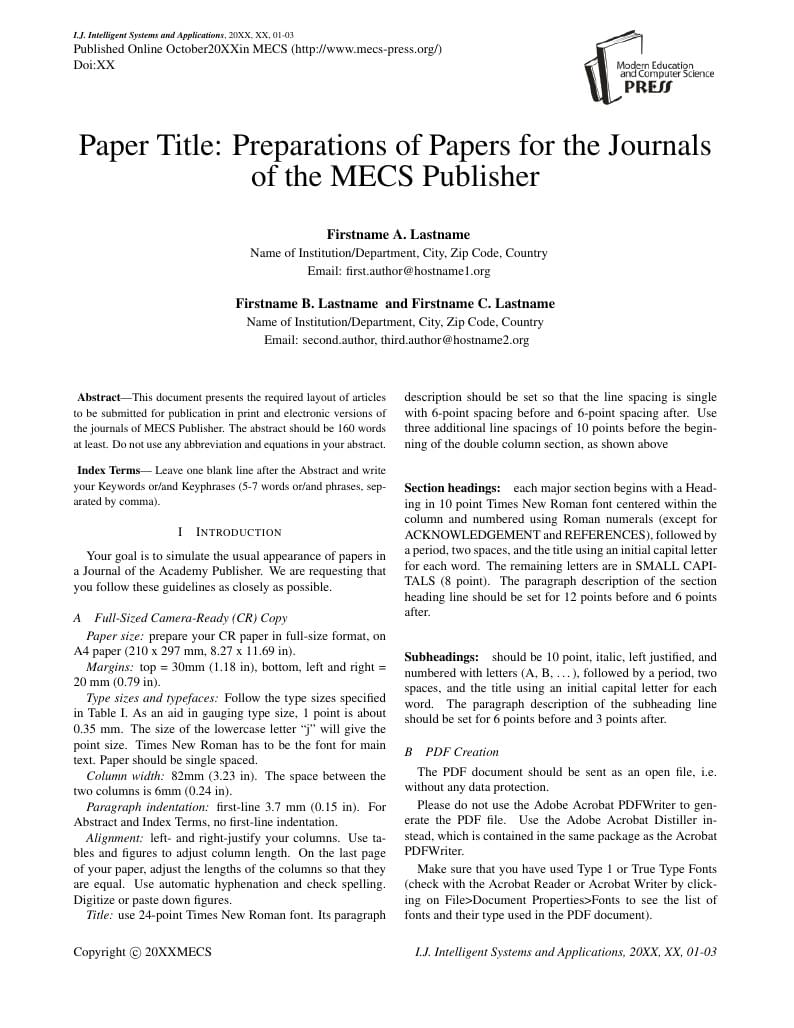 LaTeX Template for I.J. Intelligent Systems and Applications (MECS)