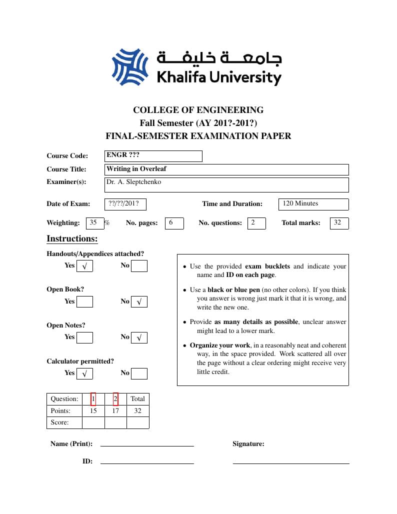 Khalifa University Final Exam template