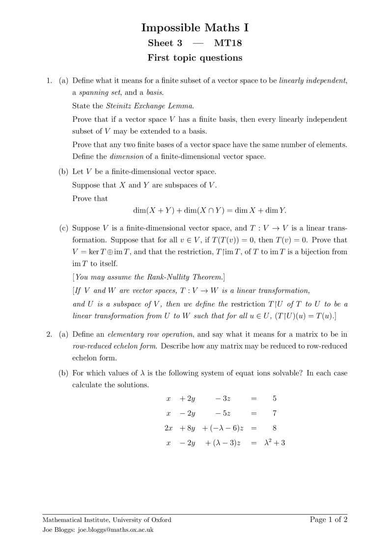 Oxford Mathematics Problem Sheet