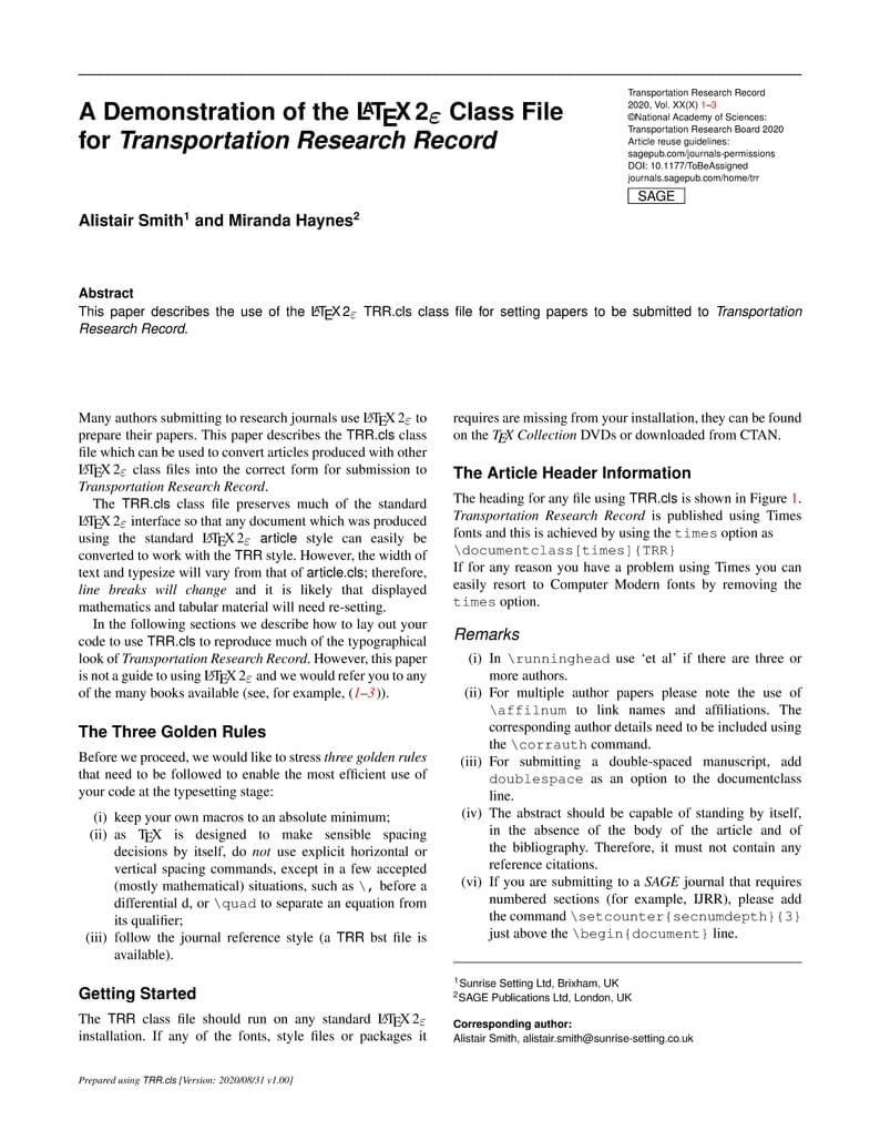 LATEX2ε Class File for Transportation Research Record, published by SAGE Publications
