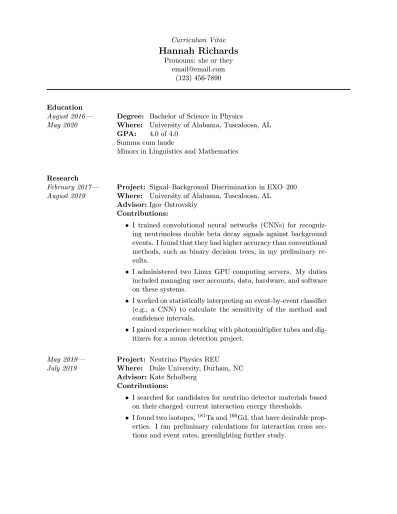 CV/resume template with custom environments