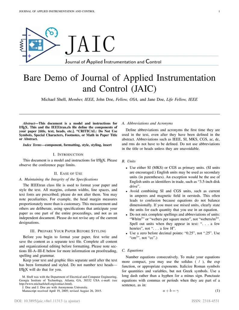 Journal of Applied Instrumentation and Control (JAIC) Template