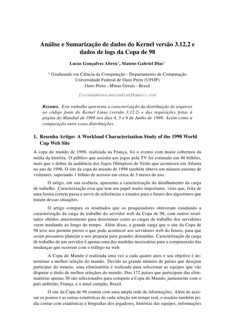 Análise e Sumarização de dados do Kernel versão 3.12.2 edados de logs da Copa de 98