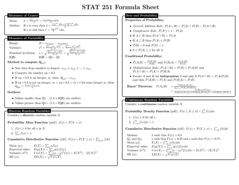 Statistics Formula Sheet