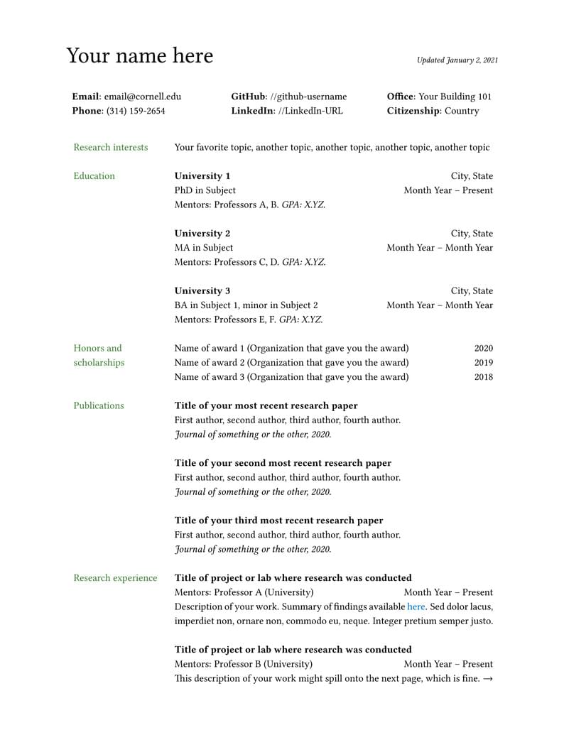 Academic CV Template