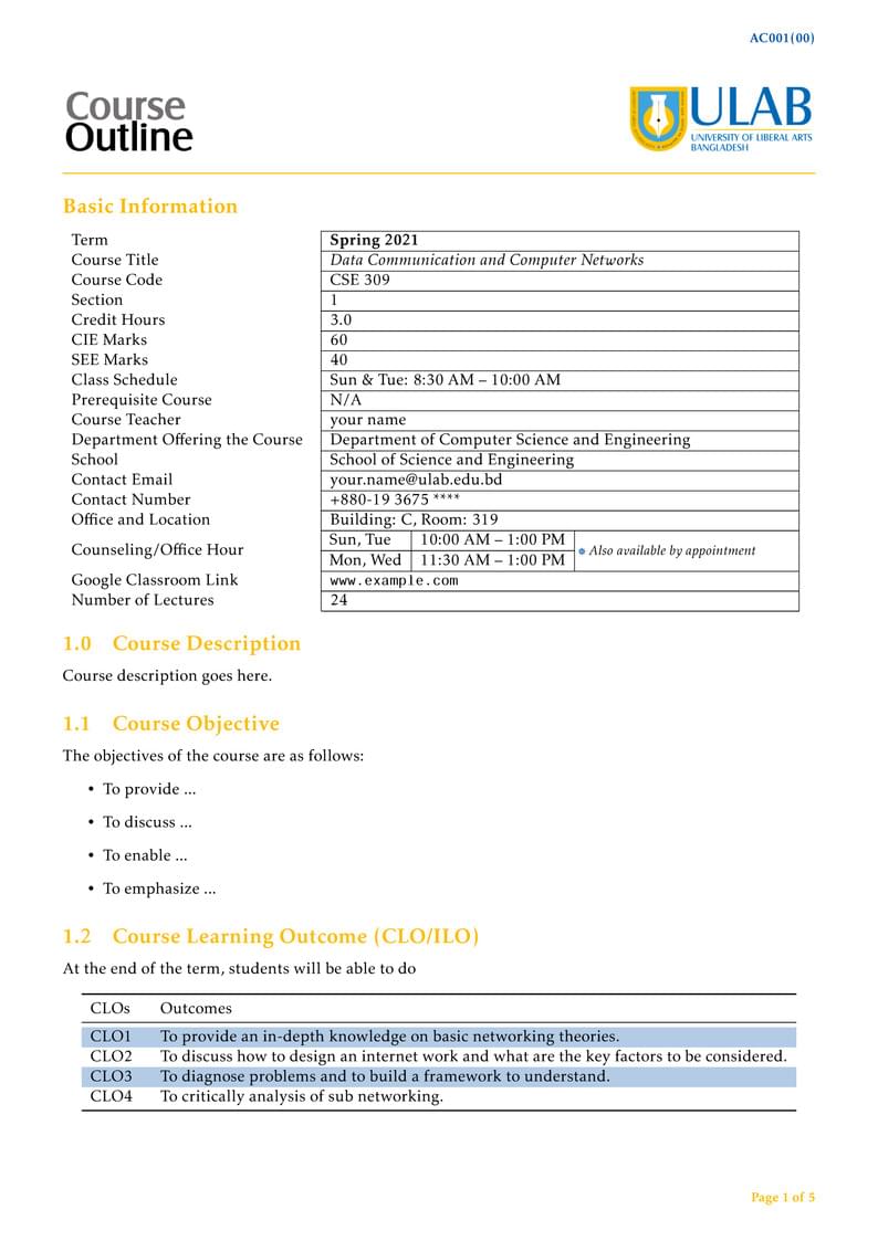 ULAB CSE Course Outline Template