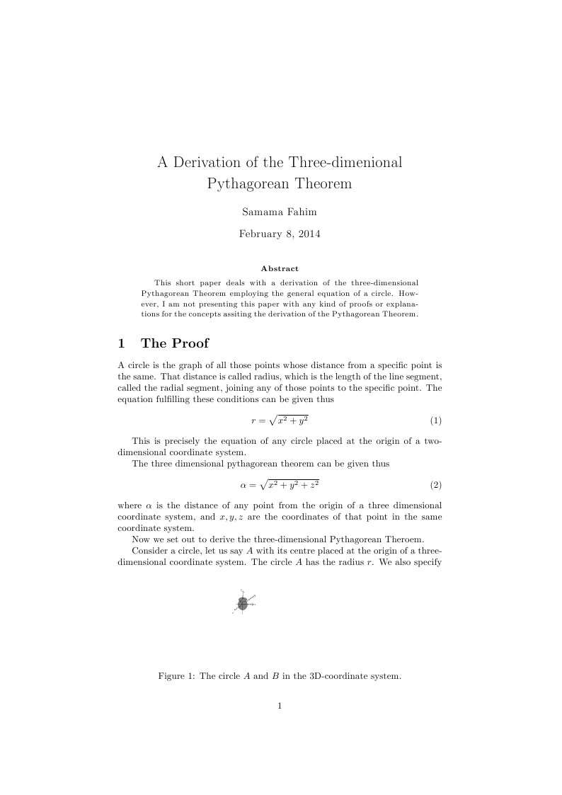 A Derivation of the Three-dimensional Pythagorean Theorem