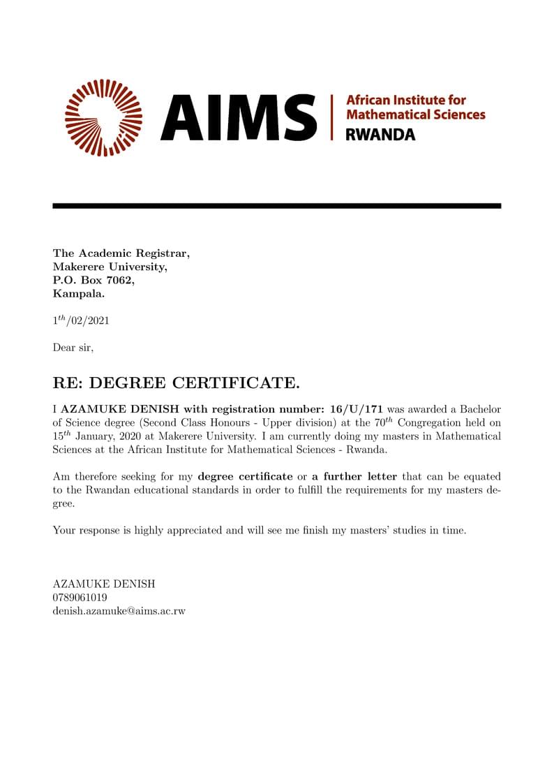 Official Letter Template for AIMS Students