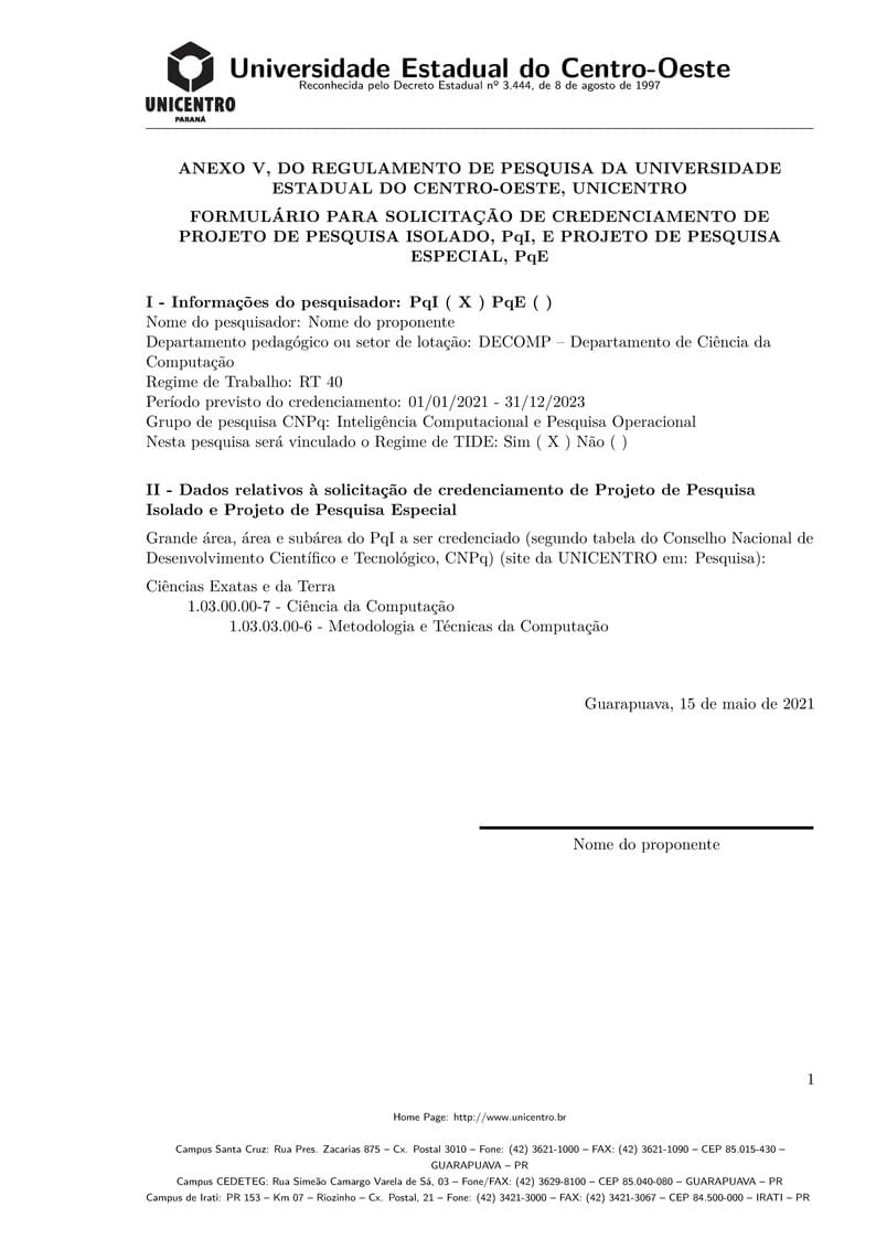 Modelo Projeto-Relatório PROPESP UNICENTRO