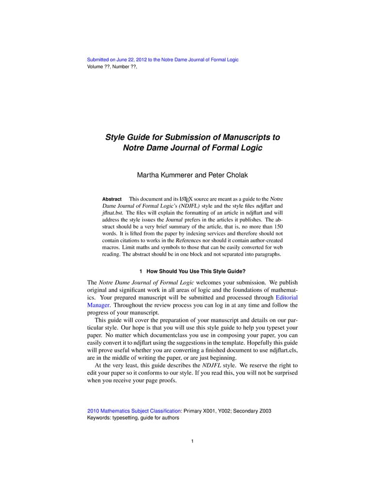 Style Guide and Template for Submission of Manuscripts to Notre Dame Journal of Formal Logic