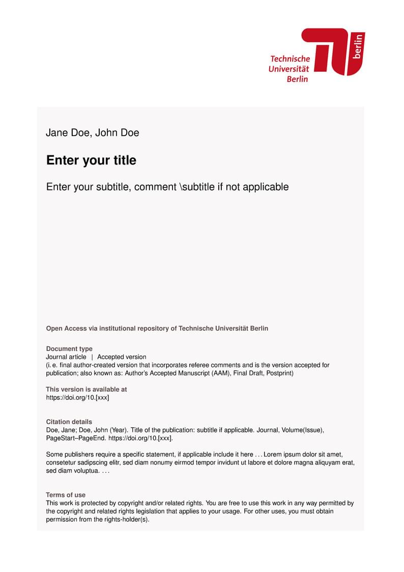 TU Berlin Self-Archiving Cover Sheet Template