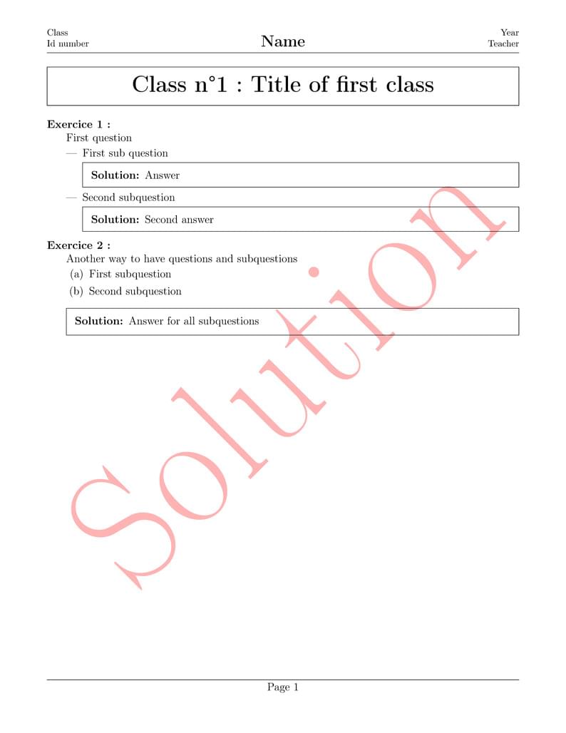An exercise sheet using exam class