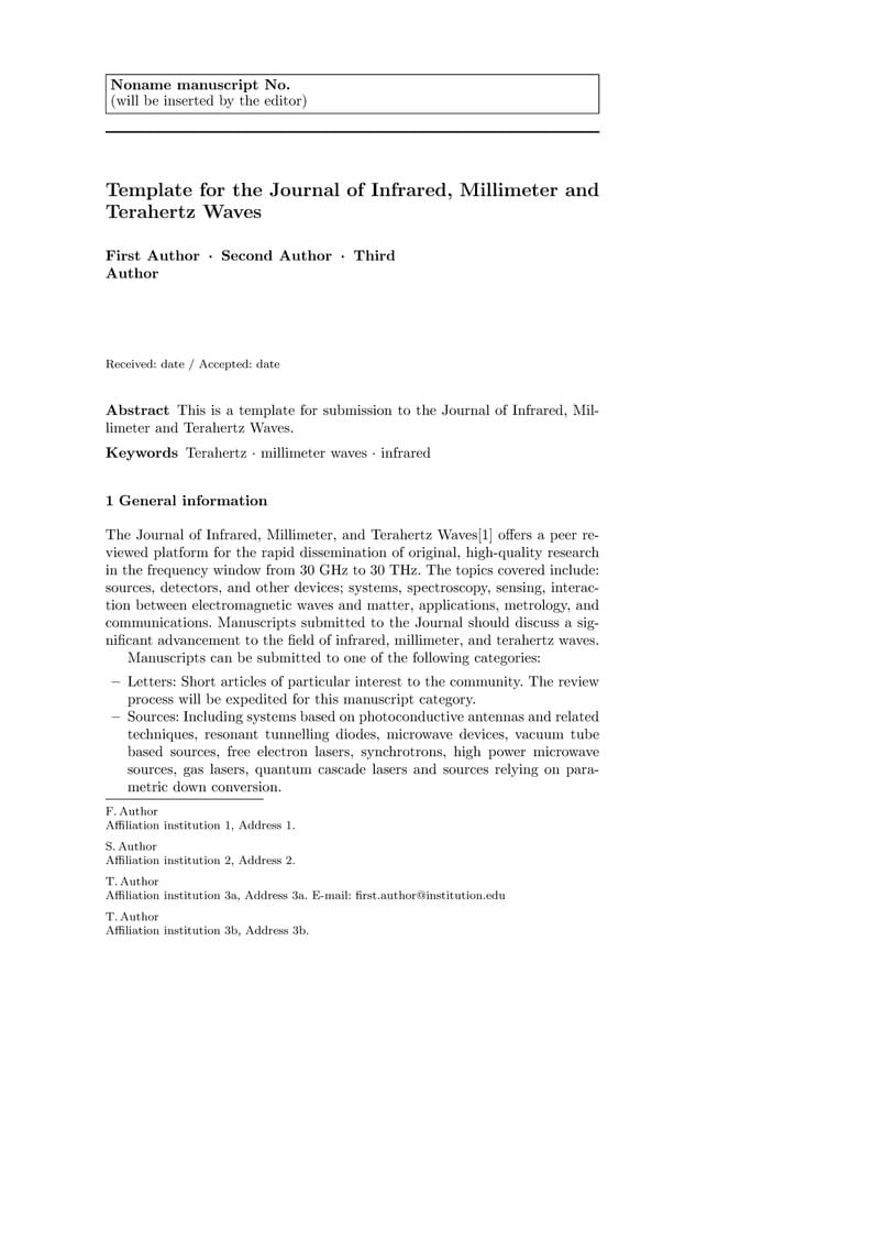 Template for Journal of Infrared, Millimeter and Terahertz Waves