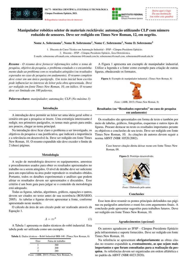 Modelo Resumo Expandido IFSP PEP 2021