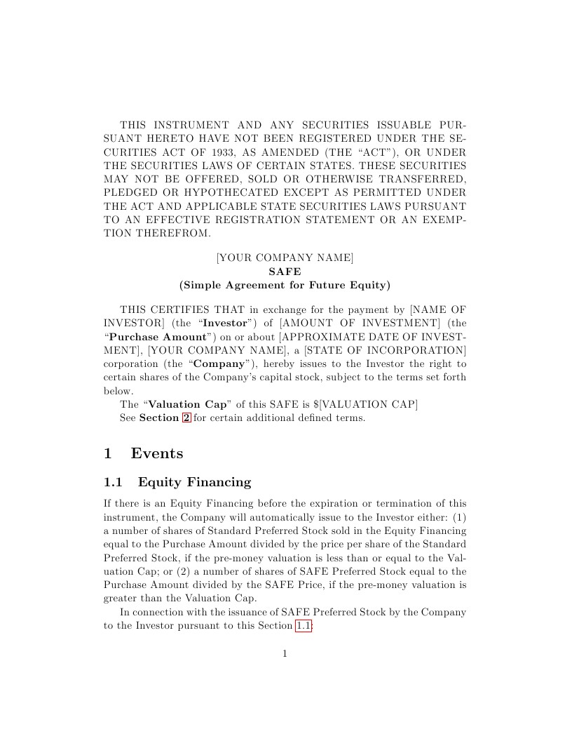 SAFE (Simple Agreement for Future Equity) Term Sheet