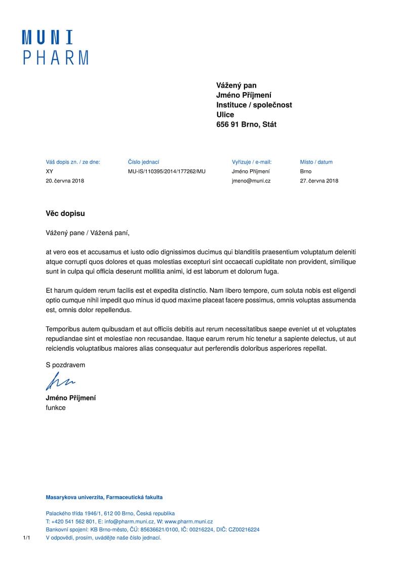 A Letter Template for the Faculty of Pharmacy at the Masaryk University in Brno