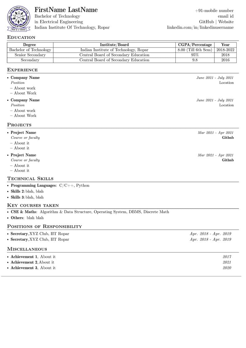 IIT Ropar CV Template
