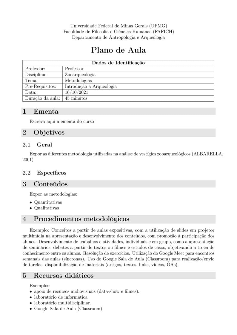 Template de Plano de aula ou de ensino