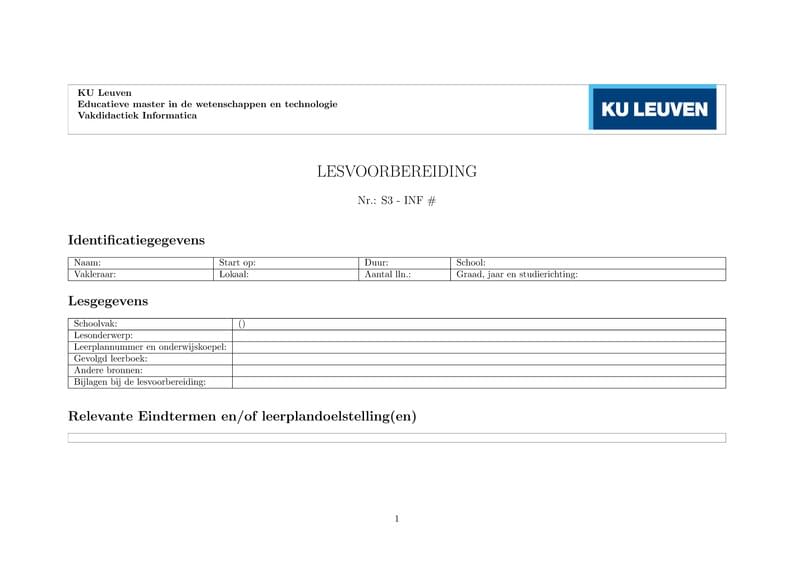 Lesvoorbereidingsformulier vakdidactiek informatica KU Leuven