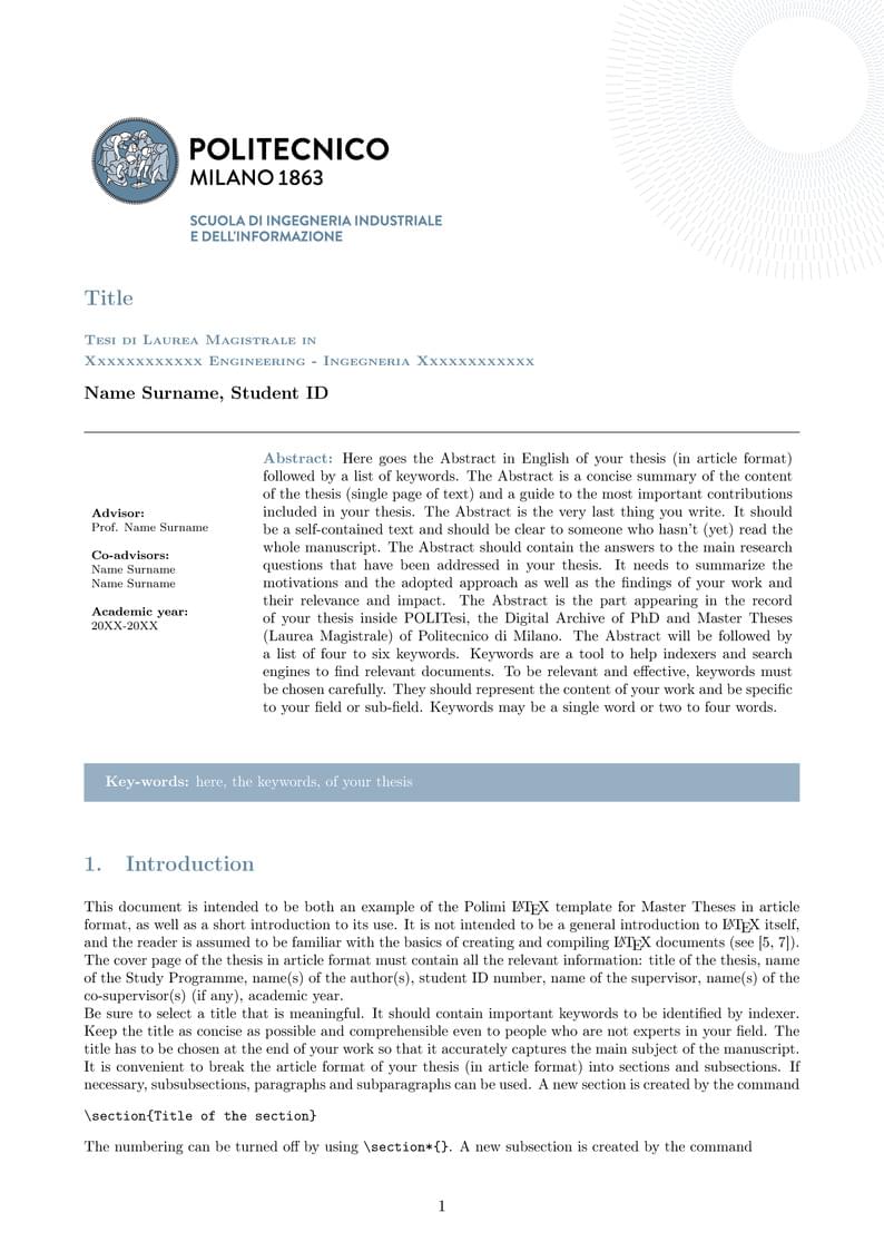 Article Format Thesis - Scuola di Ingegneria Industriale e dell'Informazione - Politecnico di Milano