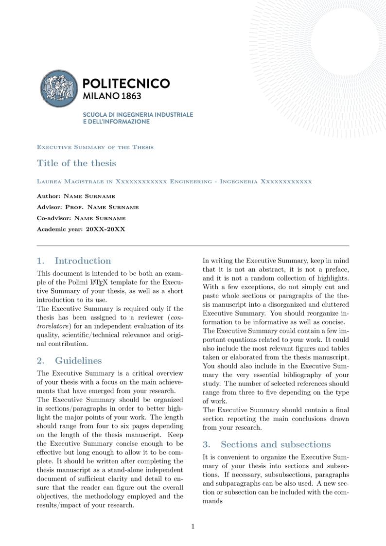 Executive Summary - Scuola di Ingegneria Industriale e dell'Informazione - Politecnico di Milano