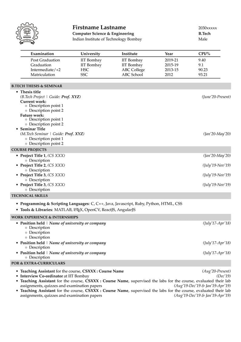 IIT bombay Resume template 2021