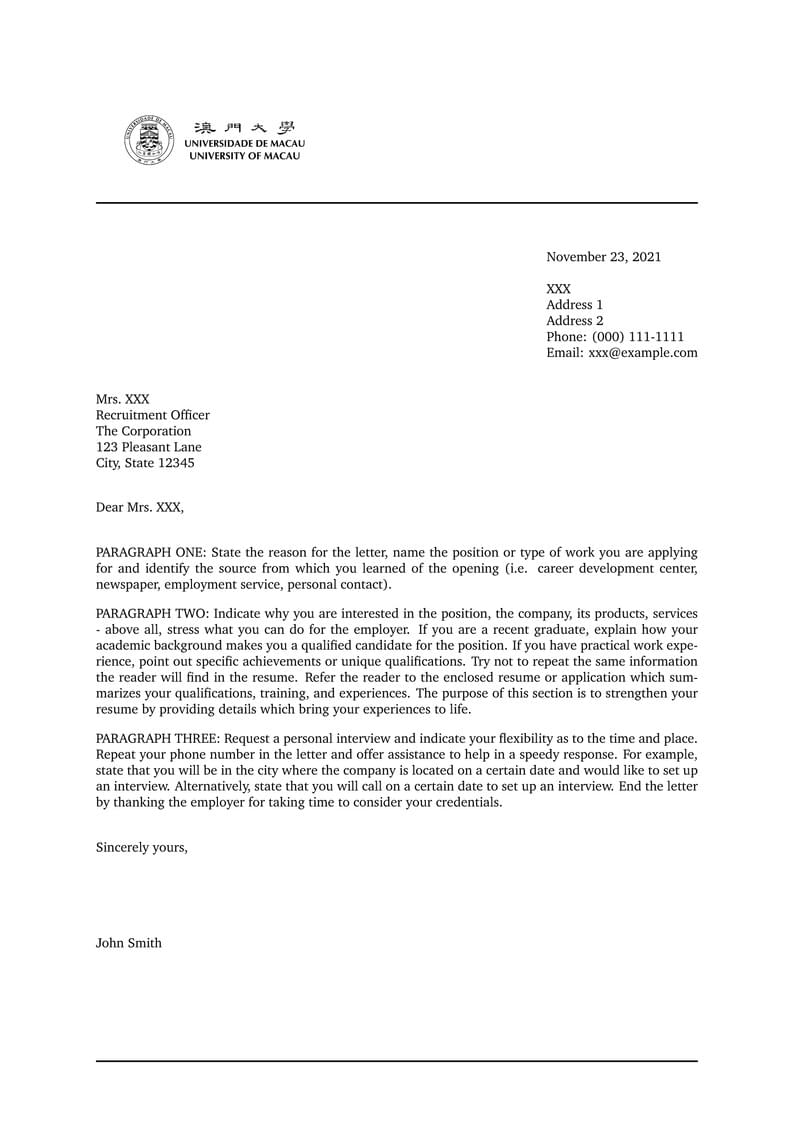University of Macau Letter Template
